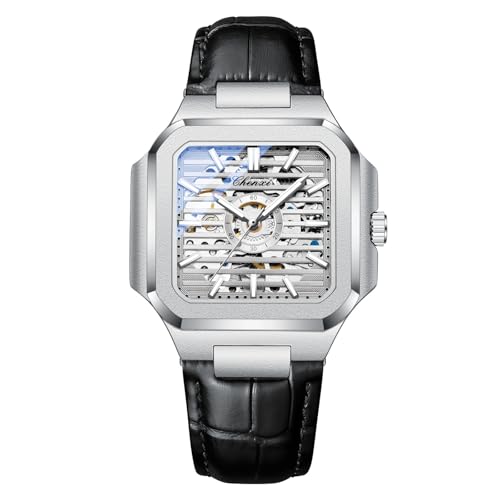 DAXIAOYU Quadratische Mechanische Uhr Herren Vollautomatische Hohle Skelett Uhren Edelstahl Leuchtend Wasserdicht Business Armbanduhr, Schwarz / Grau, Luxuriös von daxiaoyu