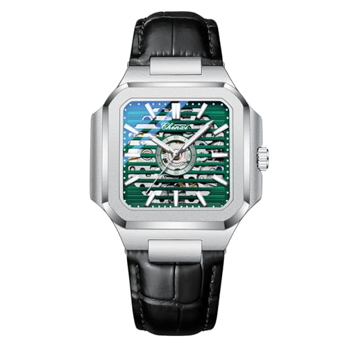 DAXIAOYU Quadratische Mechanische Uhr Herren Vollautomatische Hohle Skelett Uhren Edelstahl Leuchtend Wasserdicht Business Armbanduhr, Schwarz Grün, Luxuriös von daxiaoyu