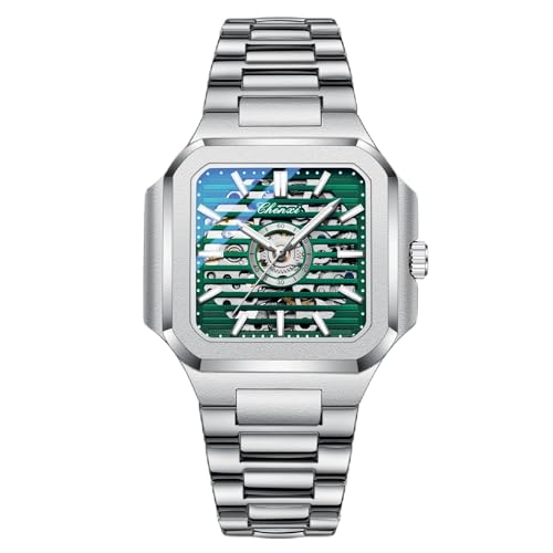 DAXIAOYU Quadratische Mechanische Uhr Herren Vollautomatische Hohle Skelett Uhren Edelstahl Leuchtend Wasserdicht Business Armbanduhr, Silberfarben, Grün, Luxuriös von daxiaoyu