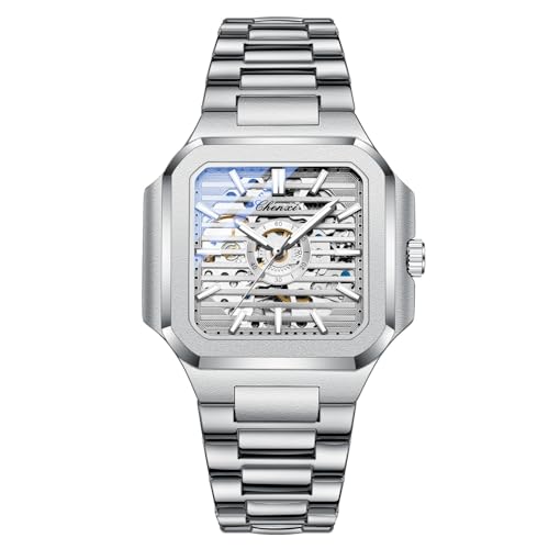 DAXIAOYU Quadratische Mechanische Uhr Herren Vollautomatische Hohle Skelett Uhren Edelstahl Leuchtend Wasserdicht Business Armbanduhr, Silbergrau, Luxuriös von daxiaoyu