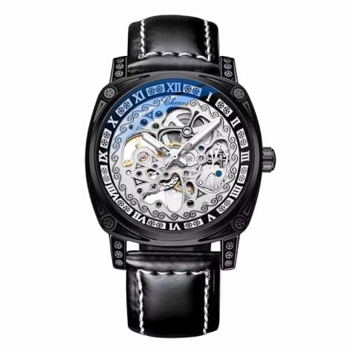 DAXIAOYU Retro geschnitzte Skelett-Herren-Armbanduhr, luxuriös, Vintage, automatische mechanische Uhren, ausgehöhlt, echtes Leder, wasserdicht, leuchtende Armbanduhr, Schwarz, Luxuriös von daxiaoyu