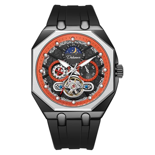DAXIAOYU Unique Octagon Herren Multifunktions Automatische Mechanische Uhr Hohl Tourbillon Mondphase Business Uhren Leuchtend Wasserdicht Sport Armbanduhr, Schwarz Rot, Luxuriös von daxiaoyu