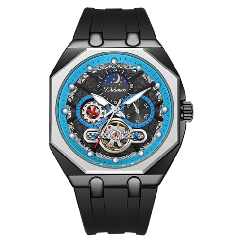 DAXIAOYU Unique Octagon Herren Multifunktions Automatische Mechanische Uhr Hohl Tourbillon Mondphase Business Uhren Leuchtend Wasserdicht Sport Armbanduhr, schwarz blau, Luxuriös von daxiaoyu