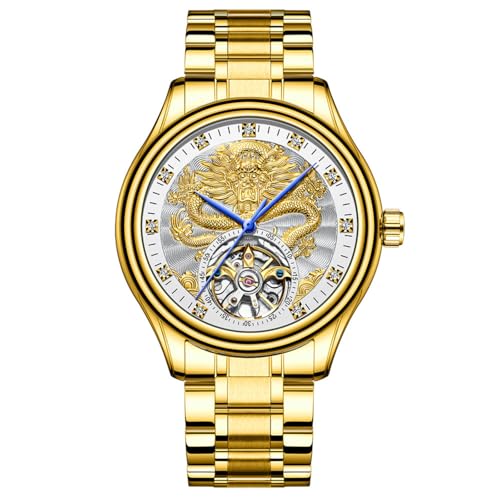 Luxuriöse ausgehöhlte Tourbillon Herren-Automatik-mechanische Uhr mit goldenem Drachenmuster geschnitztem Zifferblatt, Diamant-Skala Skelett-Armbanduhr, Edelstahl wasserdichtes Armband, Goldweiß von daxiaoyu