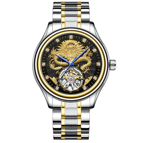 Luxuriöse ausgehöhlte Tourbillon Herren-Automatik-mechanische Uhr mit goldenem Drachenmuster geschnitztem Zifferblatt, Diamant-Skala Skelett-Armbanduhr, Edelstahl wasserdichtes Armband, silber von daxiaoyu