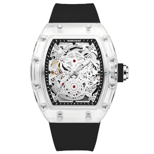 Weinfassförmiges, transparentes Gehäuse, vollautomatische mechanische Uhr für Herren, hohles Skelett, großes Zifferblatt, leuchtende Uhren, modisches Silikonarmband, wasserdichte Armbanduhr, Schwarz von daxiaoyu