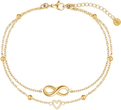 day.berlin Damen Fußkettchen Alia in Gold 18k vergoldet, zweireihige Fußkette mit Herz & Infinity Symbol, 316L Edelstahl, 22 cm + 5 cm, verstellbar, nickelfrei & wasserfest von day berlin