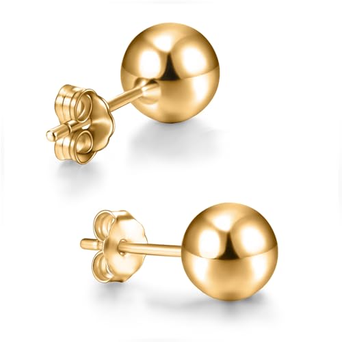 day.berlin 925 Silber Kugel Ohrstecker in Gold 18k vergoldet, runde Damen Ohrringe, 6mm Durchmesser rhodiniert mit Anlaufschutz, Ball Studs nickelfrei und wasserfest von day berlin