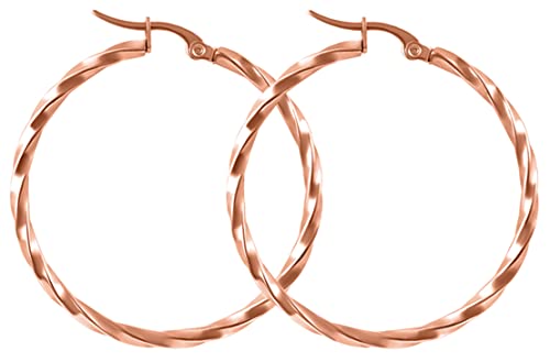 day.berlin Damen Creolen Twisted in Rosegold 18k vergoldet, Ohrringe gedreht 35mm Durchmesser 2mm stark, 316L Edelstahl nickelfrei und wasserfest von day berlin