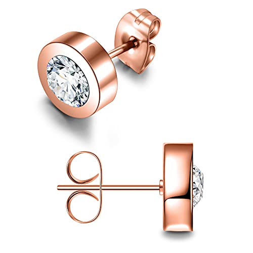 day.berlin Damen Ohrstecker Joy 1cm in Rosegold, 18k vergoldet mit Kristall (6mm) kleine Ohrringe rund, 3mm flach in Rose, Edelstahl nickelfrei für Frauen von day berlin