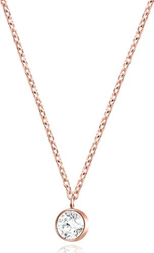 day.berlin Halskette Stone in Rosegold, 18k vergoldet mit kleinem Zirkonia Kristall Anhänger (6mm), feine Edelstahl Kette 45+5cm variable Länge, nickelfrei und wasserfest von day berlin