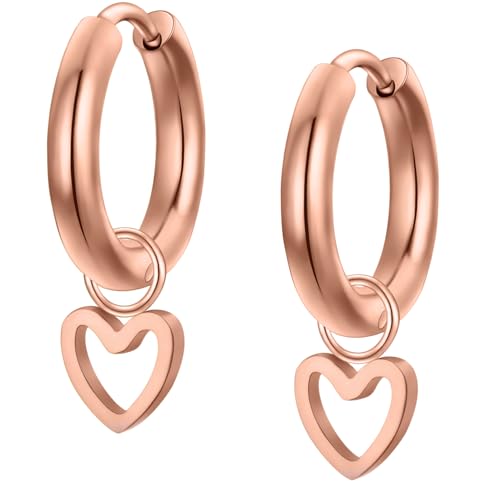 day.berlin Herz Ohrhänger Gia 18k vergoldet, Damen Ohrringe 14 mm Durchmesser mit Herzanhänger aus 316L Edelstahl nickelfrei und wasserfest (Rosegold) von day berlin