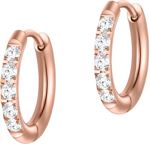 day.berlin Ohrringe "Stone" in Rosegold 18k vergoldet, kleine Damen Creolen mit Zirkonia Kristallen, 15mm Durchmesser 2mm stark, 316L Edelstahl nickelfrei und wasserfest von day berlin