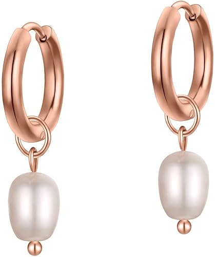 day.berlin Perlen Ohrhänger „Celi“ in Rosegold 18k vergoldet, Damen Ohrringe 14mm Durchmesser mit echter Süßwasserperle (7x8mm), kleine Creolen aus 316L Edelstahl, nickelfrei und wasserfest von day berlin