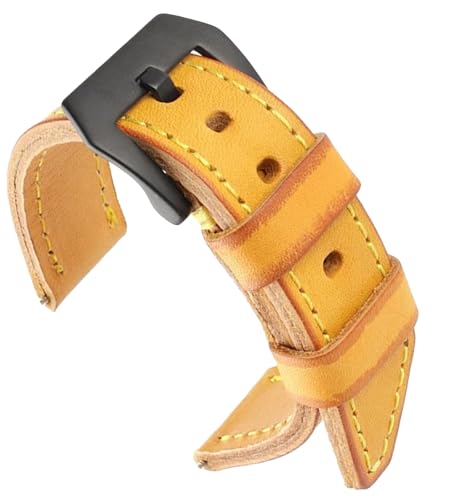 dayeer Lederarmband Gelb Handgefertigtes Armband für Panerai Herren Ersatzarmband Uhrenarmbänder (Color : Yellow-Black Buckle, Size : 24mm) von dayeer