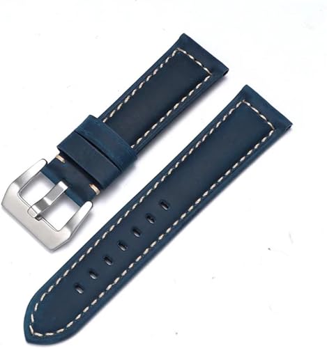 dayeer Rindsleder Crazy Horse Echtleder Uhrenarmband für Panerai Uhrenarmband Herren Armband Glattes Armband (Color : Blue-Silver, Size : 20mm) von dayeer