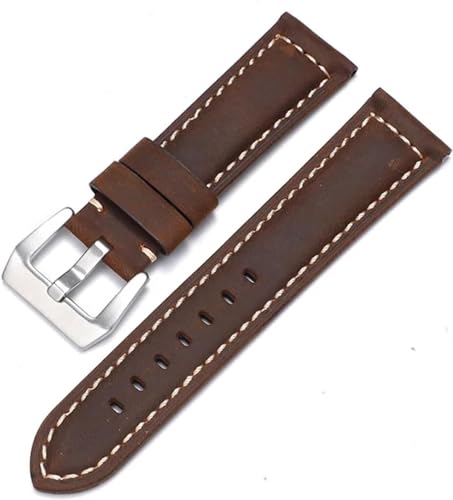 dayeer Rindsleder Crazy Horse Echtleder Uhrenarmband für Panerai Uhrenarmband Herren Armband Glattes Armband (Color : Dark Brown-Silver, Size : 20mm) von dayeer