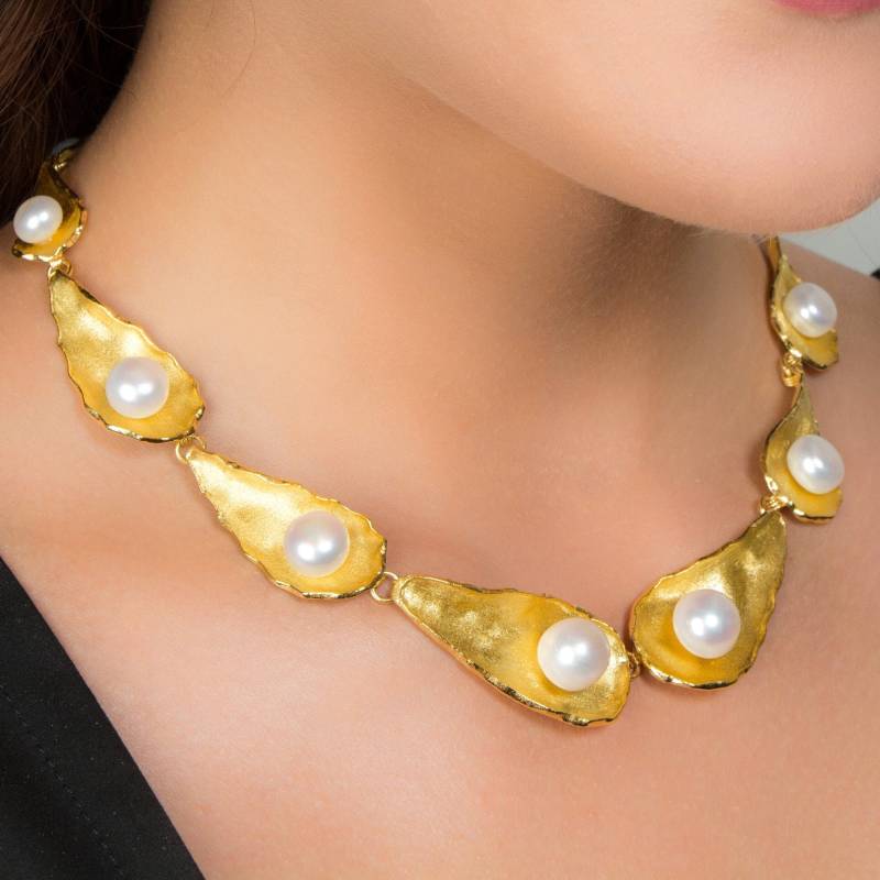 statementkette Perlen Gold, Exclusive Goldschmiede Handarbeit, Eyecatcher 925 Silber Mit 18Kt Vergoldung, Top Schmuck Geschenk Für Hochzeit von deTempleSchmuck