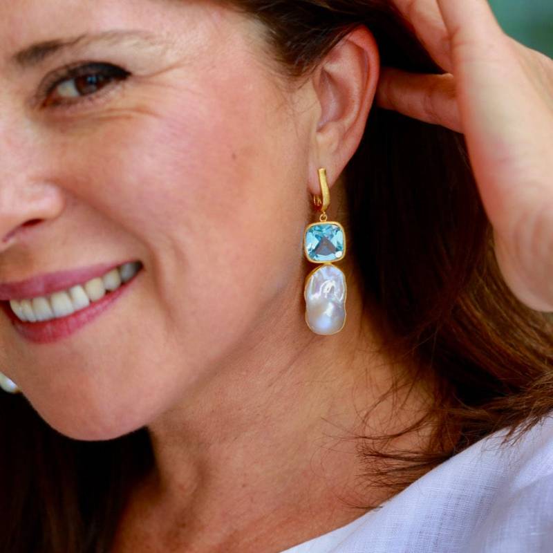 statementohrring Blautopas Perlen, Eyecatcher 925 Silber 18Kt Vergoldet, Handarbeit Ausgefallenes Schmuck Geschenk, Jedes Paar Ein Unikat von deTempleSchmuck