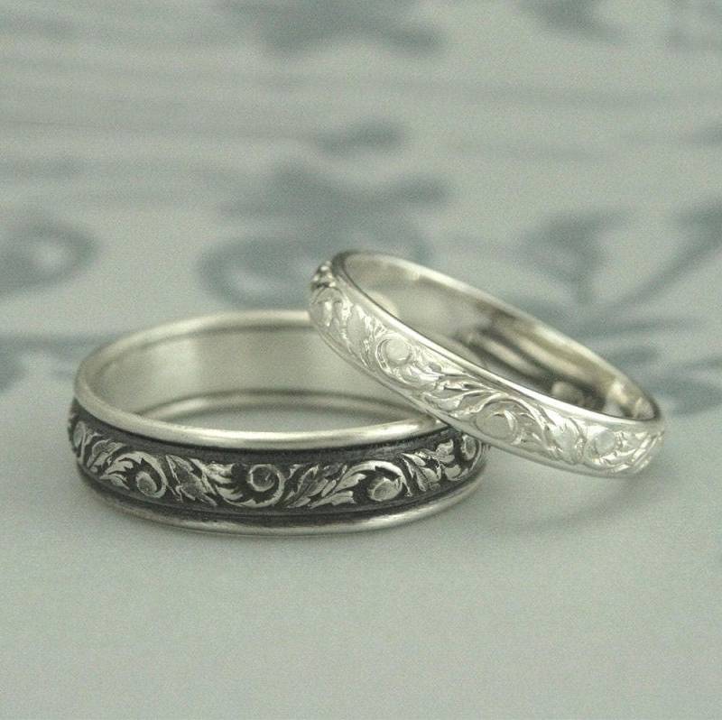 Ehering Set Aus Silber Für Sie Und Ihn Blattgemusterte Ringe von debblazer