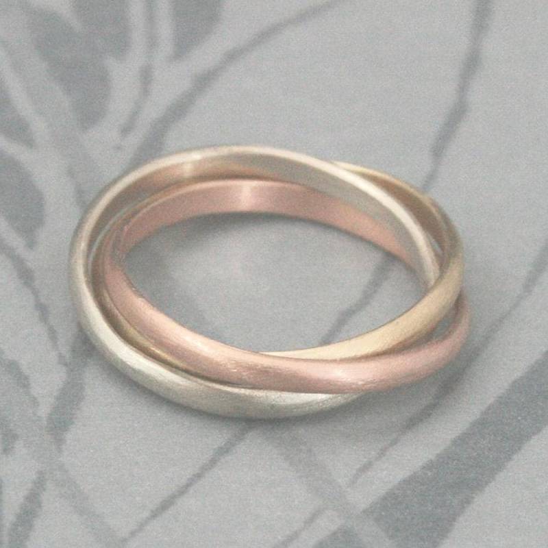 Massiver 14K Tri Color Rolling Ring Rose, Weiß Und Gelbgold Interlocking Drei 2 Mm Breite Halbrunde Bänder Nach Maß von debblazer