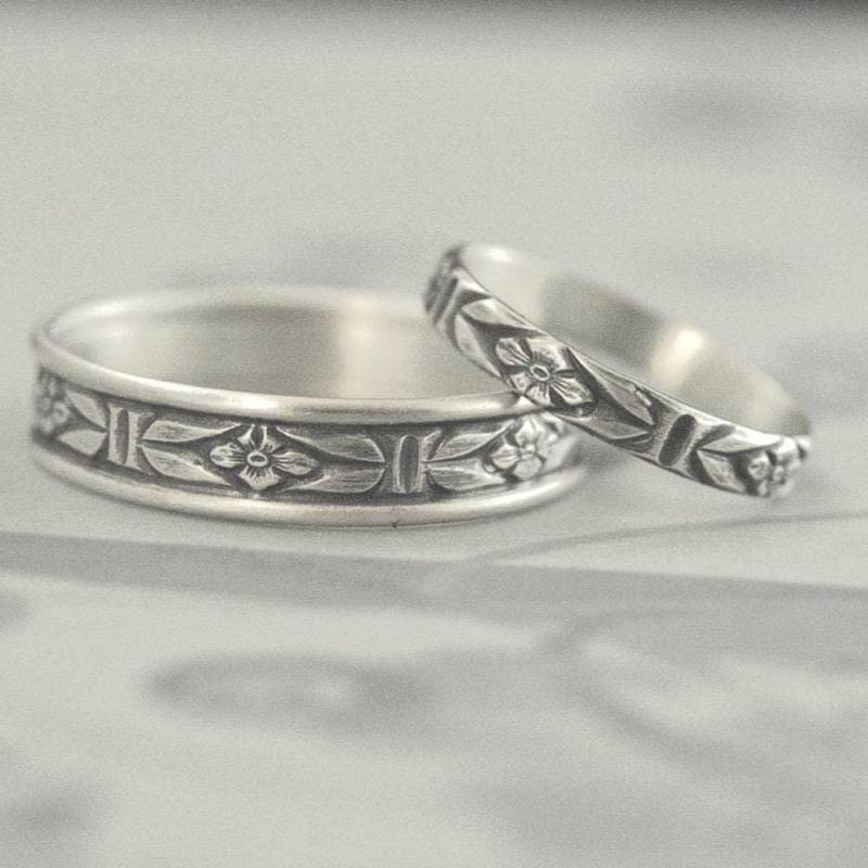 Silber-Hochzeits-Set Seine Und Ihre Ringe Antique Style Romanze Set Silber Blumen Trauringe Eheringe Versprechen von debblazer