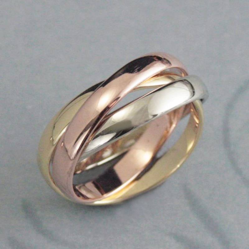 Solider 14K Breiter Tricolor-Rolling-Ring Ineinander Greifenbänder Bunt Ring 3 Mm Breite Bänder Mischmetallringe Dreifachring Drei Ringe Stapeln von debblazer