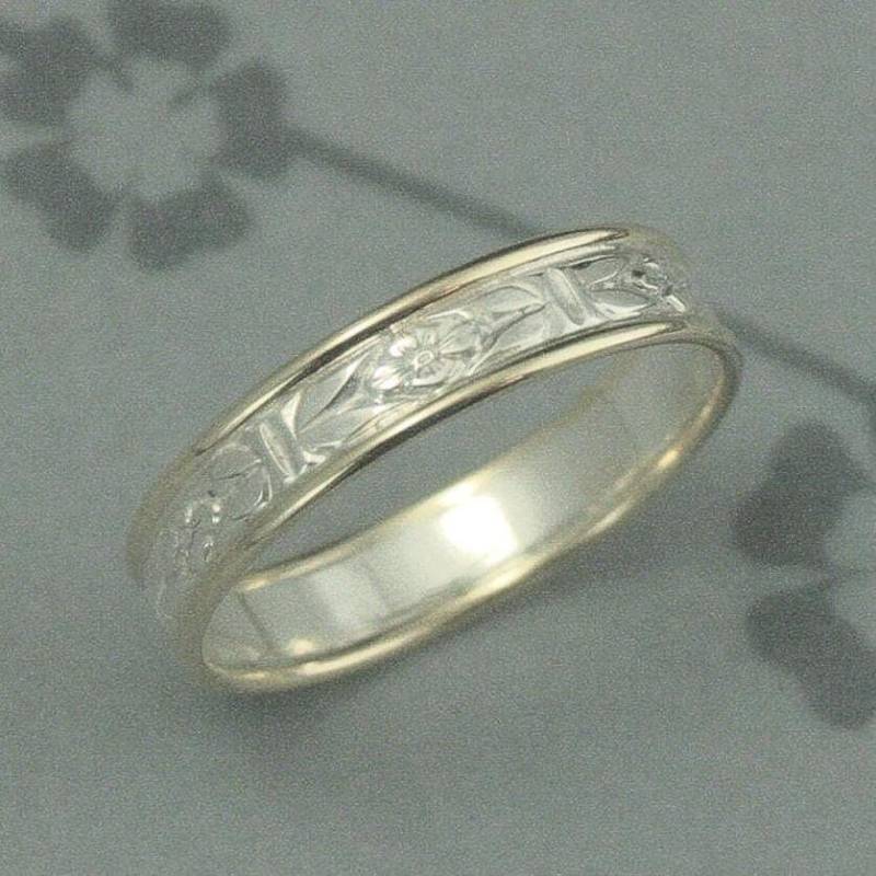 Zwei Ton Hochzeit Ring Romantik Im Garten Hauch Von Goldring Bimetallband Gemusterter Silberring Massivgold Kanten 10K Oder 14K Gold von debblazer
