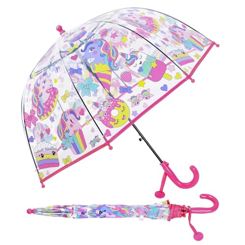 Einhorn Regenschirm Kinderschirm Stockschirm, Windsicher Robustheit Regen Regenschirm Transparent, Kinderregenschirm Durchsichtig Junge Mädchen, Kuppel-Blasenschirm Durchmesser=70cm Desserts von decalsweet