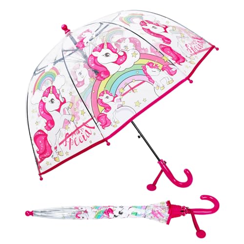 Einhorn Regenschirm Kinderschirm Stockschirm, Windsicher Robustheit Regen Regenschirm Transparent, Kinderregenschirm Durchsichtig Junge Mädchen, Kuppel-Blasenschirm Durchmesser=70cm Regenbogen von decalsweet