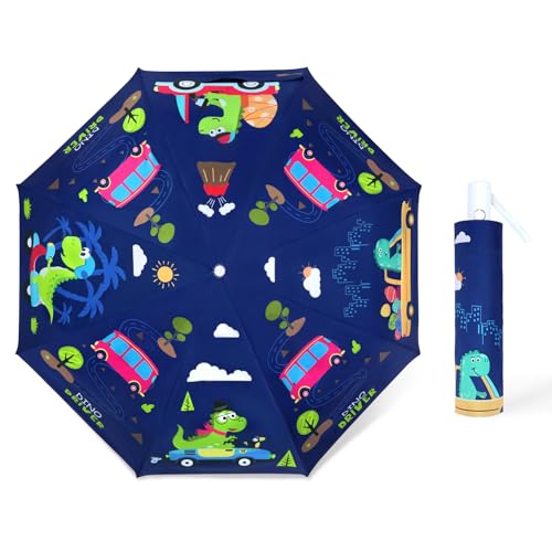 Regenschirm Kinder Mädchen mit Niedlichem Muster, Kinderschirm Reflektierend mit Schirmhülle & Auf-Zu-Automatik, Taschenschirm Winddicht Sturmfest für Jungen Leicht zu Transportieren-Auto Dinosaurier von decalsweet