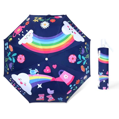 Regenschirm Kinder Mädchen mit Niedlichem Muster, Kinderschirm Reflektierend mit Schirmhülle & Auf-Zu-Automatik, Taschenschirm Winddicht Sturmfest für Jungen Leicht zu Transportieren-Blume Regenbogen von decalsweet