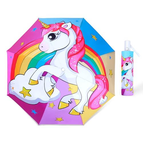 Regenschirm Kinder Mädchen mit Niedlichem Muster, Kinderschirm Reflektierend mit Schirmhülle & Auf-Zu-Automatik, Taschenschirm Winddicht Sturmfest für Jungen Leicht zu Transportieren-Buntes Einhorn von decalsweet