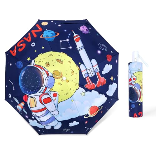 Regenschirm Kinder Mädchen mit Niedlichem Muster, Kinderschirm Reflektierend mit Schirmhülle & Auf-Zu-Automatik, Taschenschirm Winddicht Sturmfest für Jungen Leicht zu Transportieren-Mond Astronaut von decalsweet