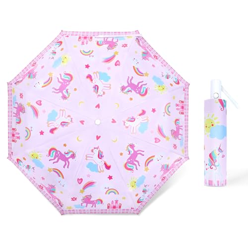 Regenschirm Kinder Mädchen mit Niedlichem Muster, Kinderschirm Reflektierend mit Schirmhülle & Auf-Zu-Automatik, Taschenschirm Winddicht Sturmfest für Jungen Leicht zu Transportieren-Rosa Einhorn von decalsweet