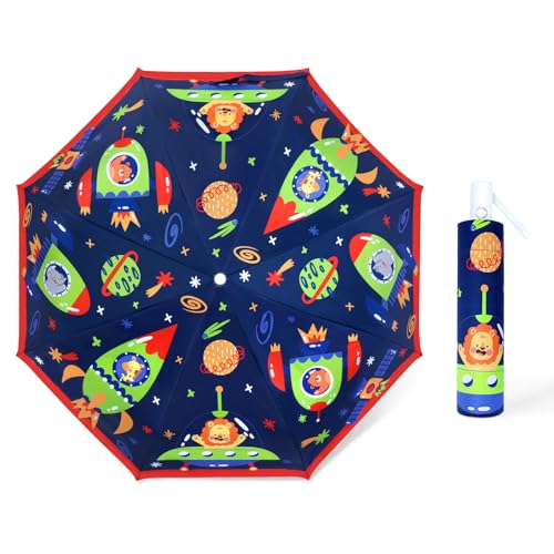 Regenschirm Kinder Mädchen mit Niedlichem Muster, Kinderschirm Reflektierend mit Schirmhülle & Auf-Zu-Automatik, Taschenschirm Winddicht Sturmfest für Jungen Leicht zu Transportieren-Tierische Rakete von decalsweet