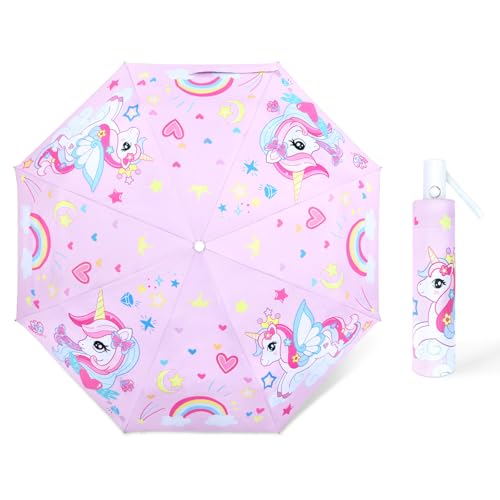 Regenschirm Kinder Mädchen mit Niedlichem Muster, Kinderschirm Reflektierend mit Schirmhülle & Auf-Zu-Automatik,Taschenschirm Winddicht Sturmfest für Jungen Leicht zu Transportieren-Regenbogen Einhorn von decalsweet