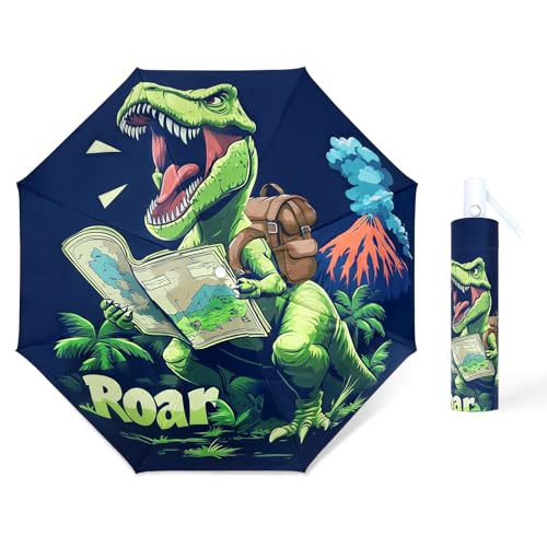 Regenschirm Kinder mit Niedlichem Muster, Kinderschirm Reflektierend mit Schirmhülle & Auf-Zu-Automatik, Taschenschirm Winddicht Sturmfest für Jungen Leicht zu Transportieren-Vulkan Dinosaurier von decalsweet