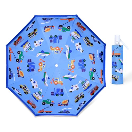 Regenschirm Kinder mit Niedlichem Muster, Kinderschirm Reflektierend mit Schirmhülle & Auf-Zu-Automatik, Taschenschirm Winddicht Sturmfest für Jungen Mädchen Leicht zu Transportieren-Verkehr Auto von decalsweet