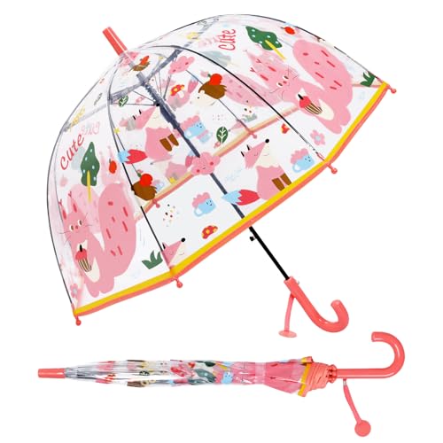 Regenschirm Kinderschirm Stockschirm, Windsicher Robustheit Regen Regenschirm Transparent, Kinderregenschirm Durchsichtig Junge Mädchen, Kuppel-Blasenschirm Durchmesser=70cm Rosa Eichhörnchen von decalsweet