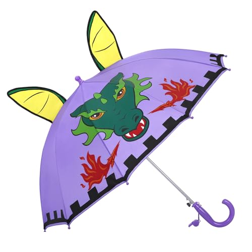 decalsweet Regenschirm Kinder Stockschirm mit 3D Drache, Windsicher Robustheit Regen Regenschirm mit Einer Pfeife, Leicht Faltbarer Kinderschirm für Junge und Mädchen, Lila von decalsweet
