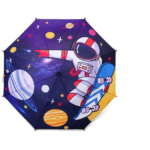 decalsweet Regenschirm Kinder Stockschirm mit Schirmhülle, Windsicher Robustheit Regen Regenschirm, Faltbarer Kinderschirm Taschenschirm für Junge Mädchen Leicht zu Transportieren, Astronaut von decalsweet