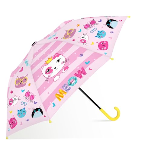 decalsweet Regenschirm Kinder Stockschirm mit Schirmhülle, Windsicher Robustheit Regen Regenschirm, Faltbarer Kinderschirm Taschenschirm für Junge Mädchen Leicht zu Transportieren, Rosa Katze von decalsweet