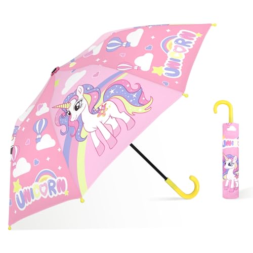decalsweet Regenschirm Kinder Stockschirm mit Schirmhülle, Windsicher Robustheit Regen Regenschirm, Faltbarer Kinderschirm Taschenschirm für Junge Mädchen Leicht zu Transportieren，Regenbogen Einhorn von decalsweet