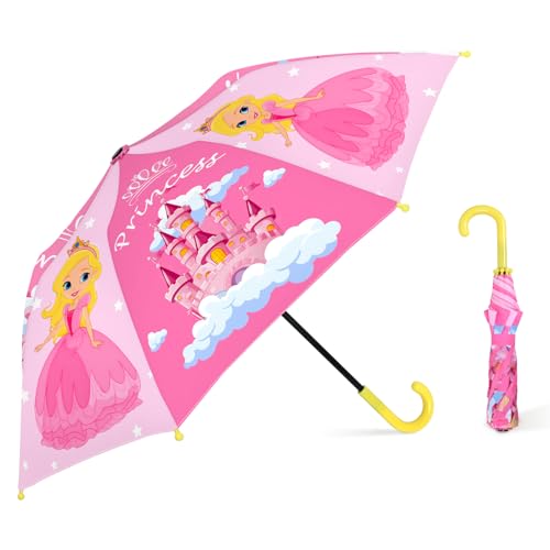 decalsweet Regenschirm Kinder Stockschirm mit Schirmhülle, Windsicher Robustheit Regen Regenschirm, Faltbarer Kinderschirm Taschenschirm für Junge Mädchen Leicht zu Transportieren，Rosa Prinzessin von decalsweet