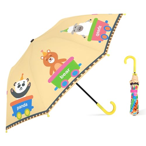 decalsweet Regenschirm Kinder Stockschirm mit Schirmhülle, Windsicher Robustheit Regen Regenschirm, Faltbarer Kinderschirm Taschenschirm für Junge Mädchen Leicht zu Transportieren，Tier-Zugwagen von decalsweet