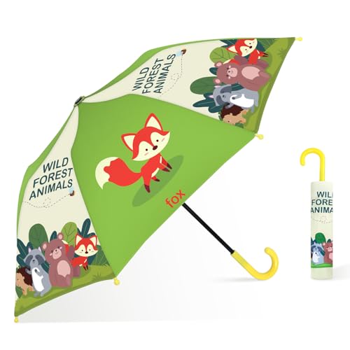 decalsweet Regenschirm Kinder Stockschirm mit Schirmhülle, Windsicher Robustheit Regen Regenschirm, Faltbarer Kinderschirm Taschenschirm für Junge Mädchen Leicht zu Transportieren，Waldtiere von decalsweet