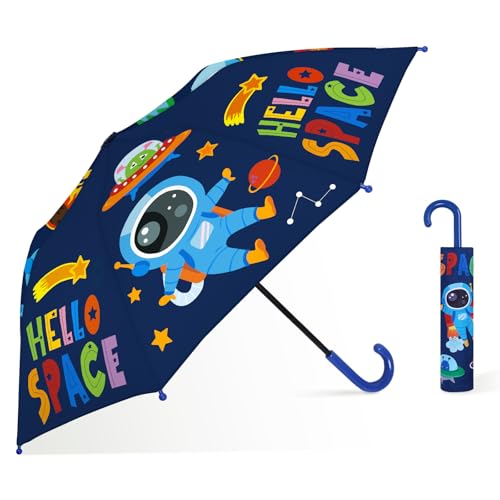 decalsweet Regenschirm Kinder Stockschirm mit Schirmhülle, Windsicher Robustheit Regen Regenschirm, Faltbarer Kinderschirm Taschenschirm für Junge Mädchen Leicht zu Transportieren，Weltraum-Astronaut von decalsweet