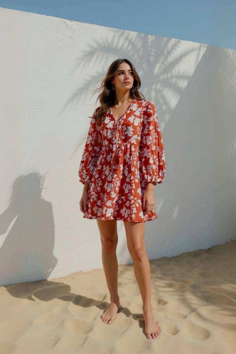Boho Blumen Minikleid | Rost Block Print Baumwollkleid Mit Ärmeln Handgefertigtes Urlaubskleid Geschenk Für Schwester Sommer Outfit Boho Blumen Minikleid | Rost Block Print Baumwollkleid Mit Ärmeln Handgefertigtes Urlaubskleid Geschenk Für Schwester Sommer Outfit von dechom
