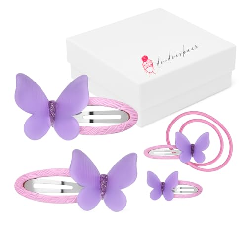 4-teiliges Haarspangen-Set für Mädchen in lila Schmetterling Motiv mit Schimmer und 2 Glitter Haargummis - Haarspangen Länge 6 cm - inkl. Aufbewahrungsbox - Geschenkidee für kleine Prinzessinne von deedeeshaar